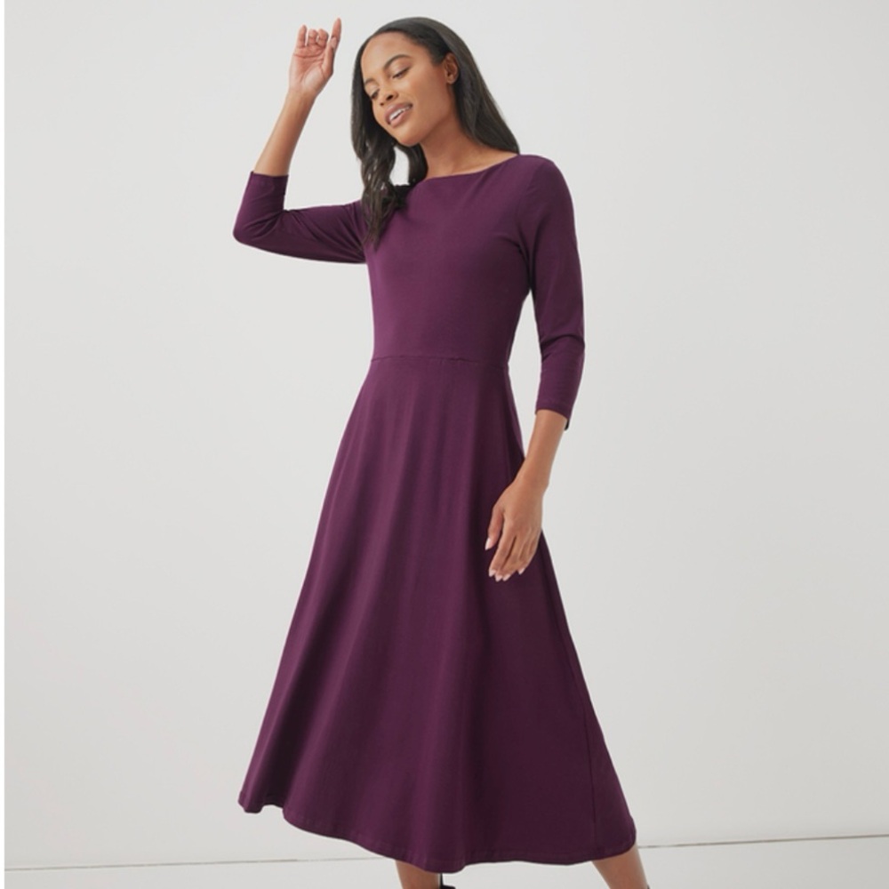 NWOT - Pact Purple A-Line Dress with Crew Neck and Cuffed Sleeves